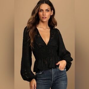 Lulu’s Patio Date Black Floral Jacquard Button Up Long Sleeve Top
